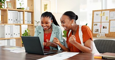 Buy stock photo Happy, black women and fist pump with laptop for good news, celebration or promotion in office. Excited, business people and winning team with profit on computer for deal, order or sale at workplace