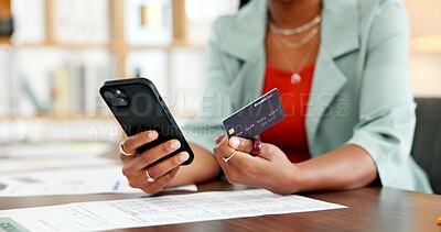 Buy stock photo Office, smartphone and hands with credit card, online shopping and searching for discount on website. Employee, ecommerce and person with mobile app for purchase, transaction and digital payment