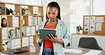 Tablet, reading and scroll with business black woman for campaign strategy, project timeline and planning. Target audience briefing, branding proposal and research with employee in agency for tech