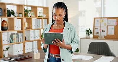 Buy stock photo Tablet, reading and scroll with business black woman for campaign strategy, project timeline and planning. Target audience briefing, branding proposal and research with employee in agency for tech