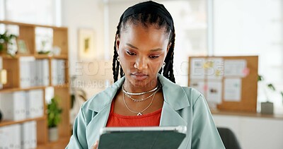 Buy stock photo Tablet, reading and planning with business black woman for campaign strategy, project timeline and app. Target audience briefing, branding proposal and research with employee in agency for tech