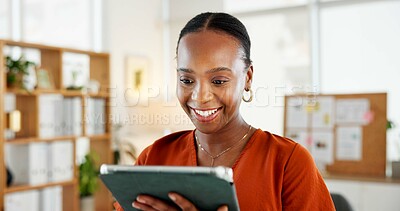 Buy stock photo Media agency, tablet and black woman in office, smile and online review for creative publication. African person, copywriting and journalist in workplace, tech and research for article and submission
