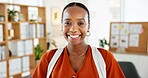 Portrait, media agency and black woman in workplace, smile or magazine editor with happiness. African person, copywriting or journalist in office, professional or creativity with career ambition