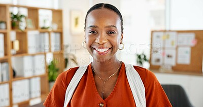 Buy stock photo Portrait, media agency and black woman in workplace, smile or magazine editor with happiness. African person, copywriting or journalist in office, professional or creativity with career ambition