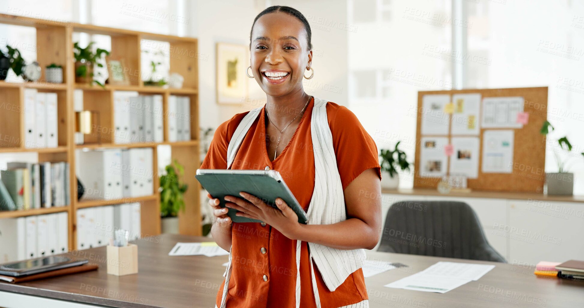 Buy stock photo Tablet, smile and portrait with business black woman for campaign strategy, project timeline and planning. Target audience briefing, branding proposal and research with employee in agency for tech