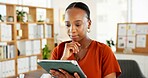 Media agency, tablet and black woman in office, thinking and online review for creative publication. African person, copywriting and journalist with ideas, tech and planning for article and decision