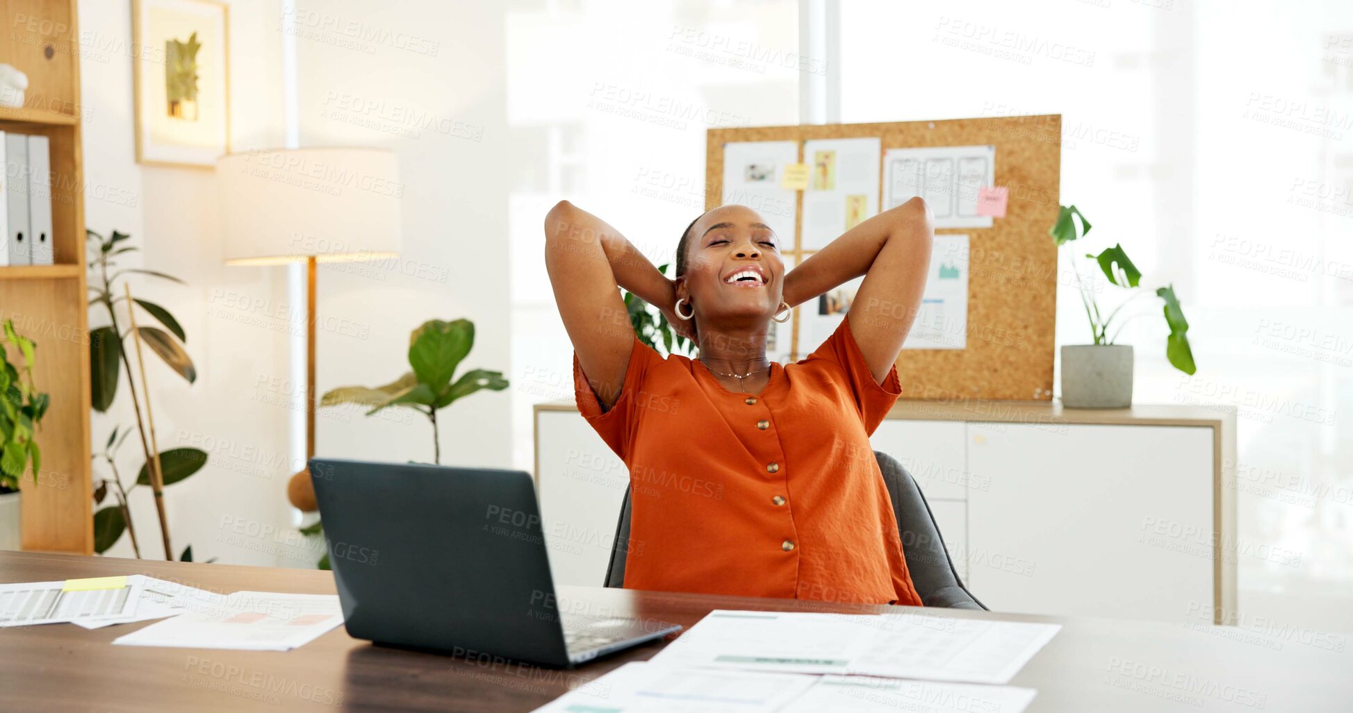 Buy stock photo Woman, laptop and rest in office with stretching for break, productive day and finish finance task. Consultant, black person and relax with computer, complete financial project and job satisfaction.