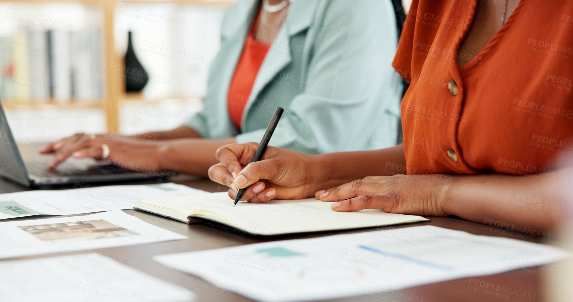 Buy stock photo Paperwork, writing and hands of people with laptop, project management or market trends with notebook. Brand performance, proposal planning or women with tech for research, teamwork or review meeting