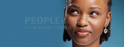 Buy stock photo Thinking, decision and black woman in studio, ideas and contemplation on blue background. Mockup space, banner and African person with choice, wonder and problem solving with solution and puzzled