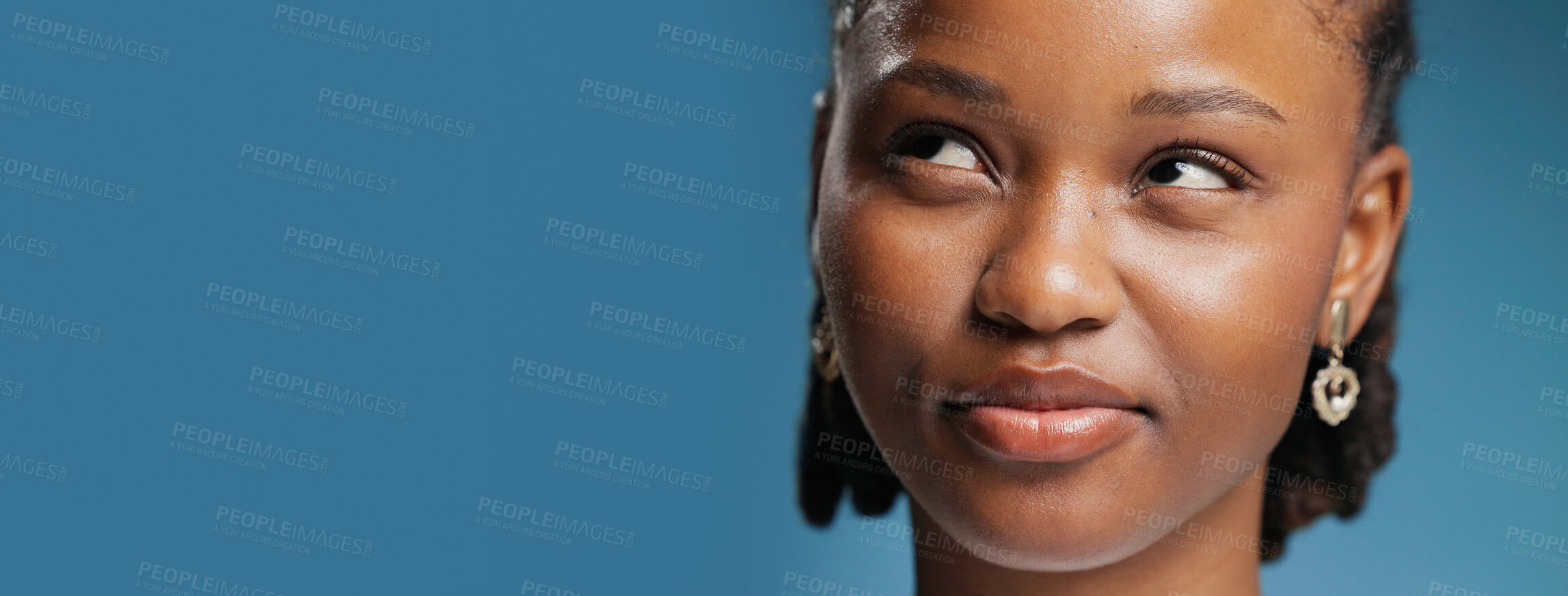 Buy stock photo Thinking, decision and black woman in studio, ideas and contemplation on blue background. Mockup space, banner and African person with choice, wonder and problem solving with solution and puzzled