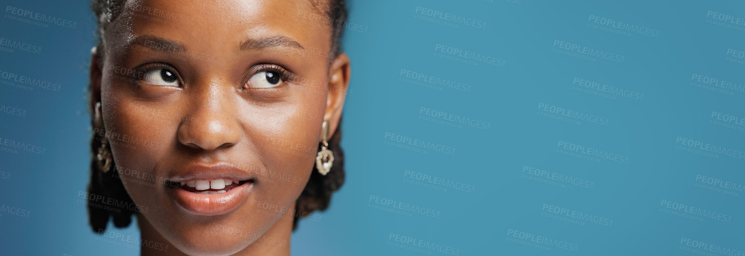 Buy stock photo Thinking, decision and black woman in studio, choice and contemplation on blue background. Mockup space, thoughtful or African person with wonder, planning or problem solving with solution or banner