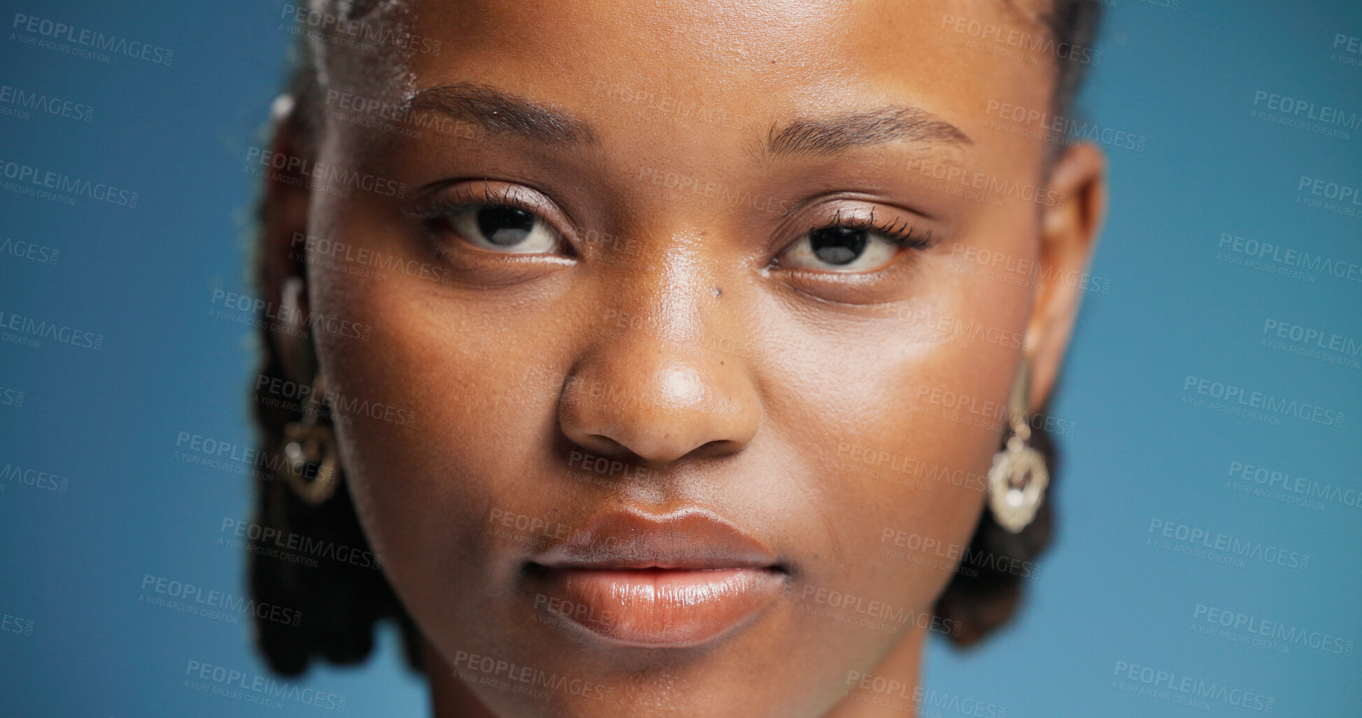 Buy stock photo Serious, confident and portrait of black woman in studio with education career development. Professional, educator and face of African female teacher with pride for job growth by blue background.