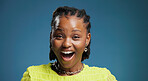 Sale, portrait and black woman in studio with shock, deal and joy in store promotion. Surprise, bonus or consumer on blue background with wow expression, good news or omg at discount product.