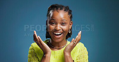 Buy stock photo Sale, portrait and black woman in studio with surprise, deal and winner in promotion. Shocked, bonus and consumer on blue background with wow expression, good news and omg at discount results.