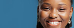 Portrait, black woman and happy for dental in studio for teeth whitening, oral care and hygiene. Banner, female person and smile with fresh breath, invisalign and veneers results on blue background