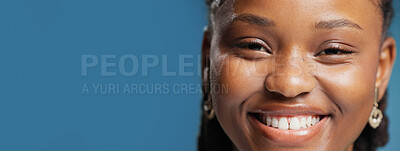 Buy stock photo Portrait, black woman and happy for dental in studio for teeth whitening, oral care and hygiene. Banner, female person and smile with fresh breath, veneers results and mockup space on blue background