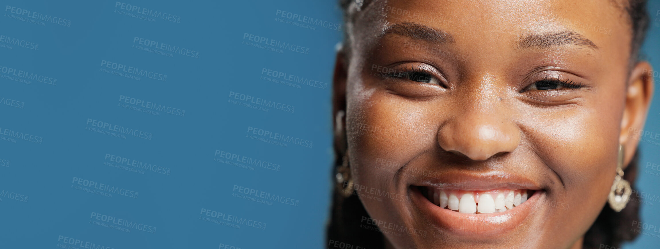 Buy stock photo Portrait, black woman and happy for dental in studio for teeth whitening, oral care and hygiene. Banner, female person and smile with fresh breath, veneers results and mockup space on blue background