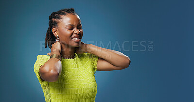 Buy stock photo Neck pain, massage or black woman in studio with mockup, burnout or joint inflammation in injury. Tendinitis, frustration or girl on blue background with ache, hurt or muscle strain in bad posture.