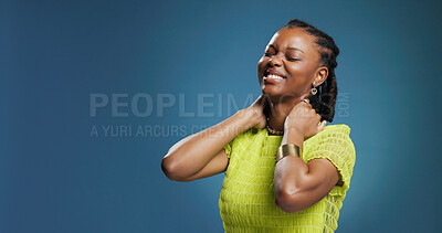 Buy stock photo Neck pain, strain or black woman in studio with mockup, burnout or joint inflammation in injury. Tendinitis, frustration or girl on blue background with ache, hurt or muscle massage in bad posture.