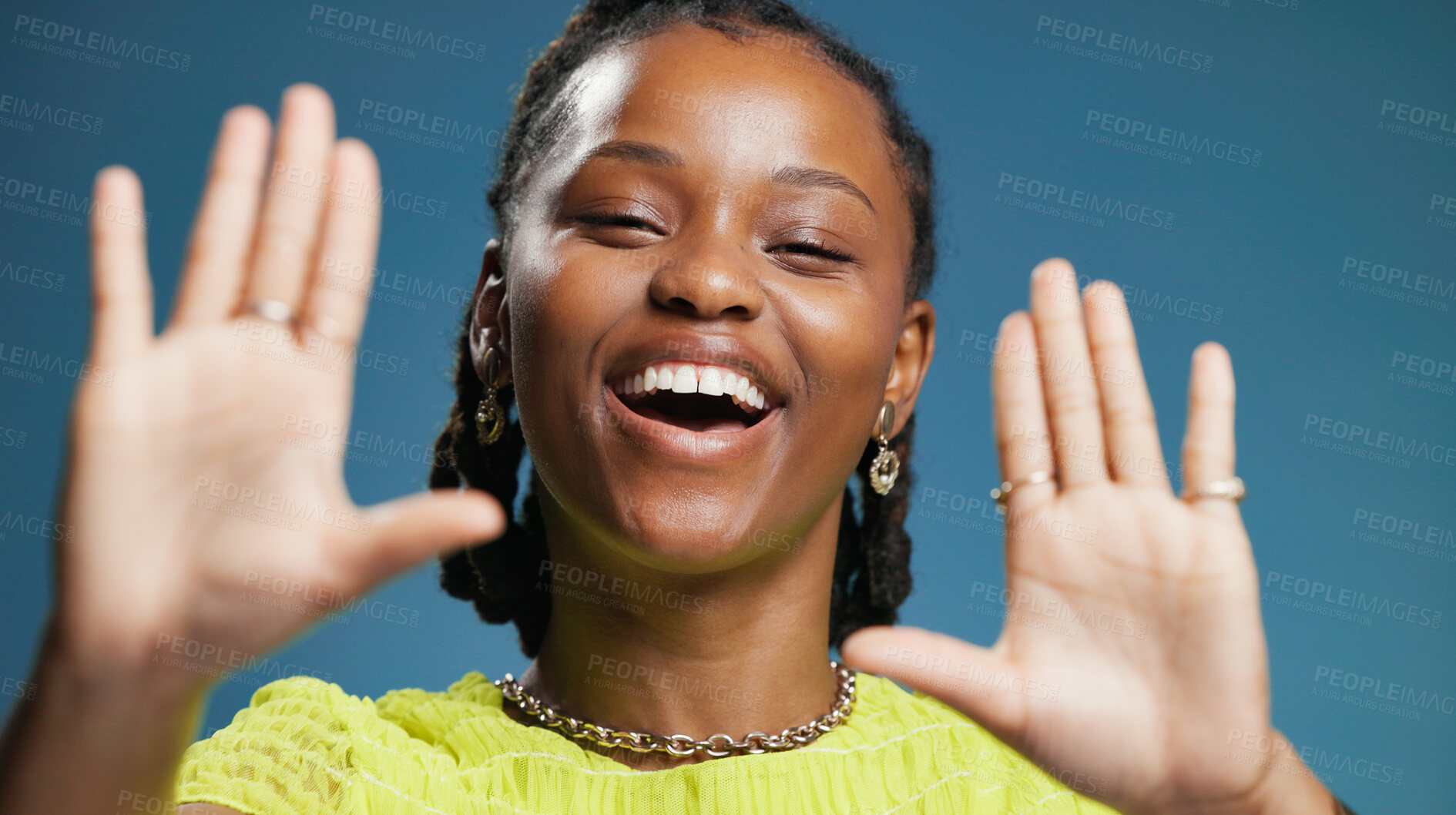 Buy stock photo Portrait, frame and woman with selfie in studio, profile picture and post on social media and online. Blue background, happy and black person with image on web, capture and photography for memory