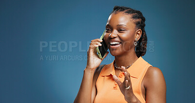 Buy stock photo Phone call, smile and black woman in studio for communication, talk and chat on blue background. Tech, conversation and African person speaking to contact for news, gossip and story with mockup space