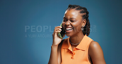 Buy stock photo Phone call, laugh and black woman in studio for communication, joke and chat on blue background. Tech, conversation and African person with contact for news, gossip and comedy story with mockup space