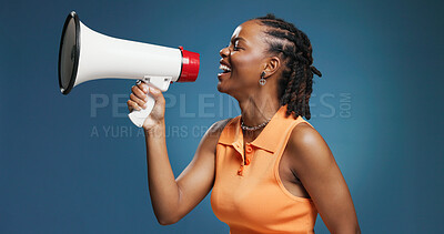 Buy stock photo Profile, megaphone and black woman in studio, announcement and speech on blue background. African person, bullhorn and loudspeaker with voice, broadcast and communication with gen z speaker and sound