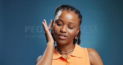 Buy stock photo Confidence, style and attitude with black woman in studio for beauty, edgy and personality. Mockup space, pride and trendy with female person on blue background for aesthetic, cool and gen z