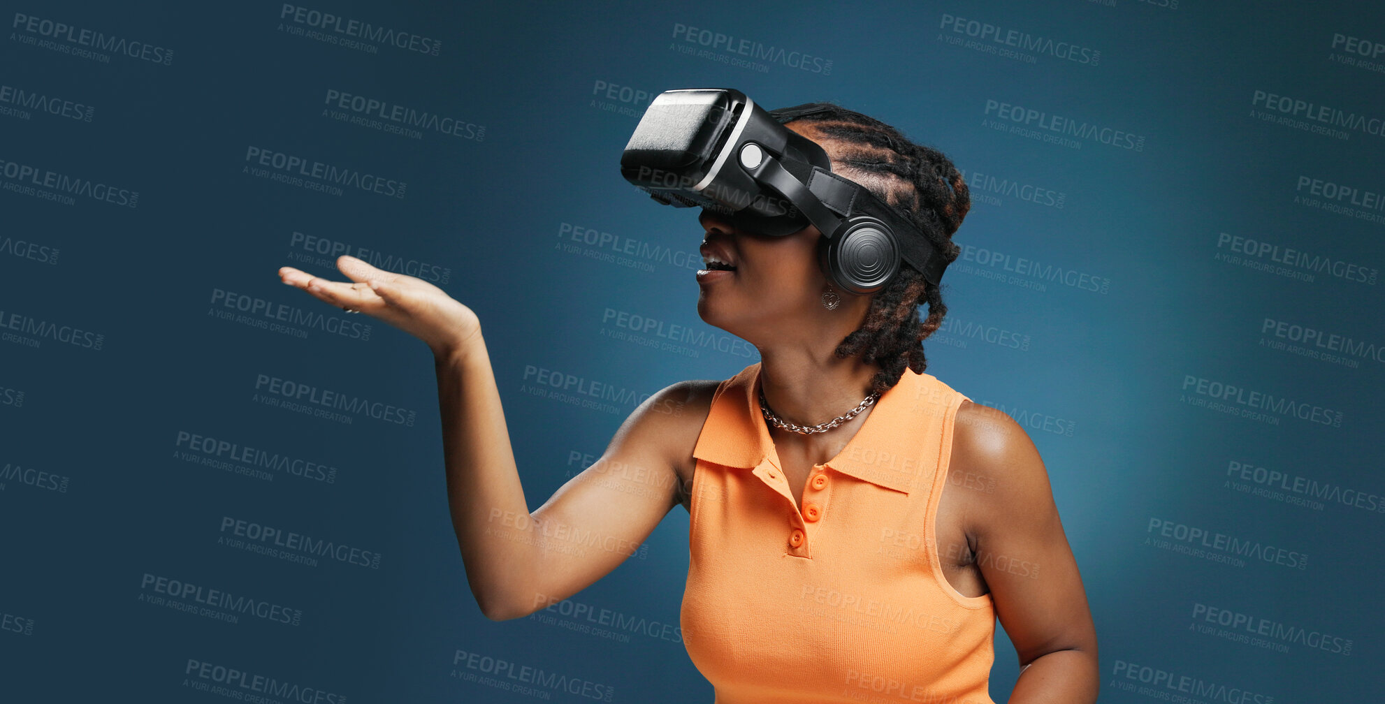 Buy stock photo Gaming, metaverse and vr headset for black woman in studio for immersive experience. Interface, simulation and virtual reality with African user on blue background for cyberspace interaction or space