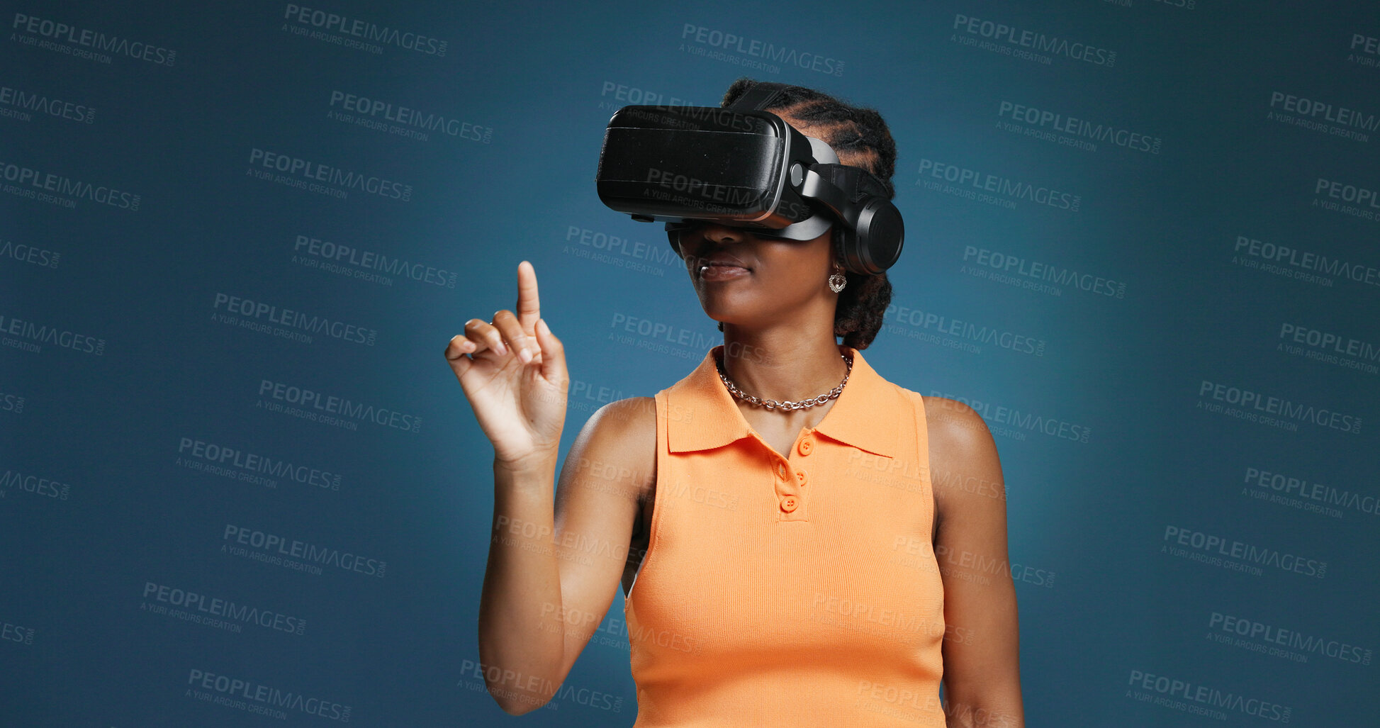 Buy stock photo Interface, metaverse and vr headset for black woman in studio for immersive experience. Gaming, simulation and virtual reality with African user on blue background for cyberspace interaction or space