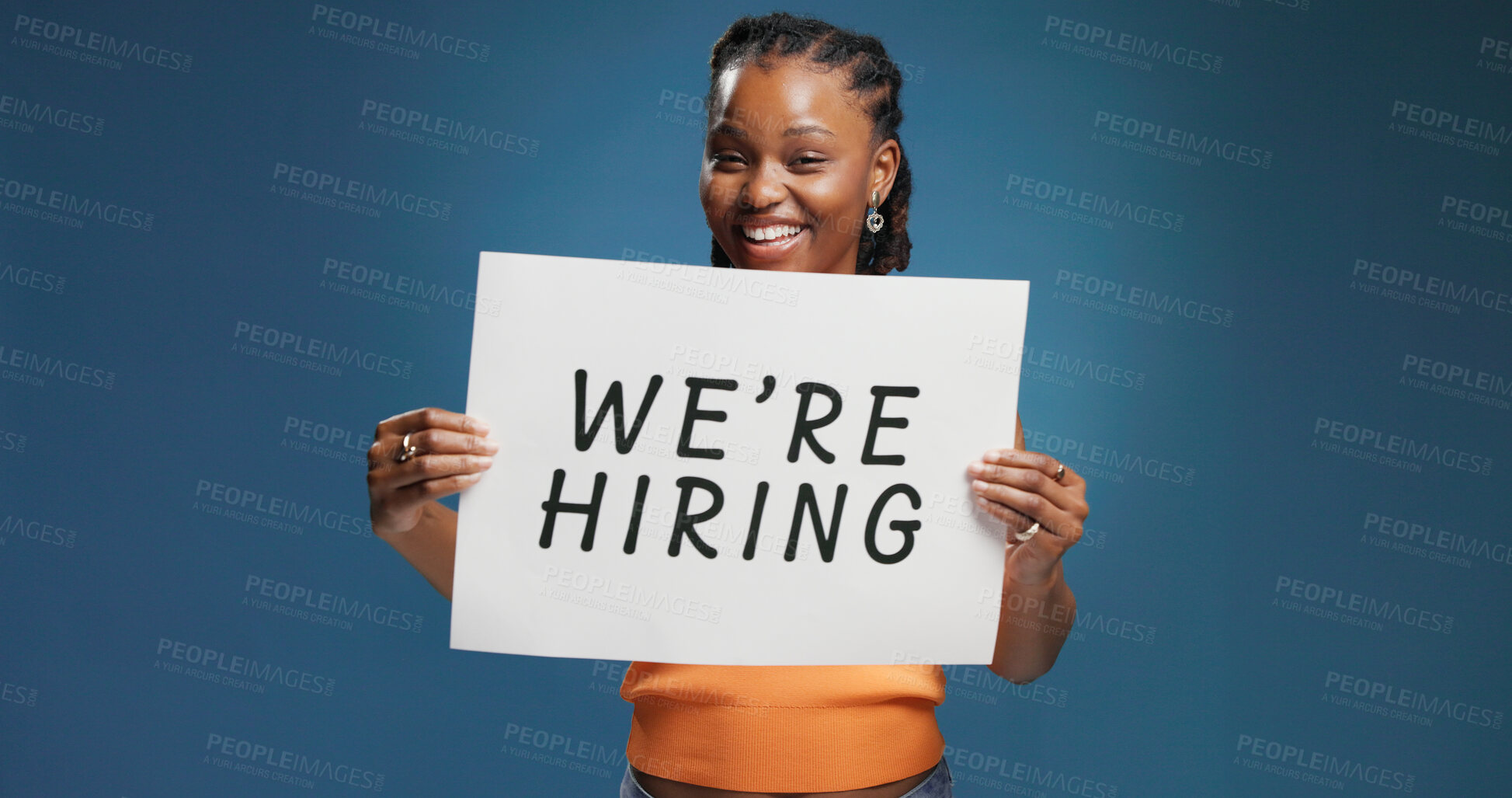 Buy stock photo We are hiring, portrait or black woman in studio with poster, position or job available in onboarding. Recruitment, space or hr on blue background with paper, offer or candidate in career opportunity