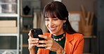 Laughing, woman and online with smartphone, startup and reading reviews on social media or logistics. Scroll, positive feedback and mature person with mobile in small business, distribution and boxes