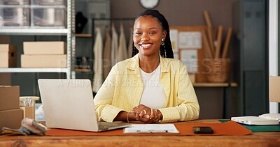 Buy stock photo Portrait, black woman and smile for fashion startup with career pride, about us and ecommerce. Supplier, person and laptop for clothes distributor, logistics and inventory management for shipping