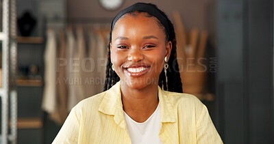 Buy stock photo Portrait, smile and black woman in office as fashion designer, confidence or career ambition. African person, tailor and happy entrepreneur in startup, creative business or professional in boutique