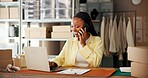 Phone call, boxes and black woman with computer in office for ecommerce order confirmation. Cellphone, laptop and African entrepreneur with small business on mobile discussion for cargo delivery.