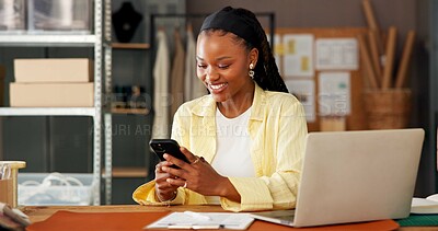 Buy stock photo Phone, ecommerce and black woman in office for small business, fashion supply chain or online review. Logistics, mobile and happy entrepreneur with delivery update, typing email or distribution