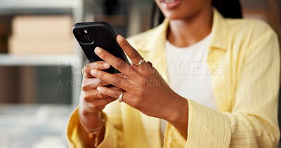 Buy stock photo Hands, logistics and phone with business woman in office, shipping agenda or schedule. Courier app, delivery and order tracking with worker in distribution depot, supply chain management or mobile