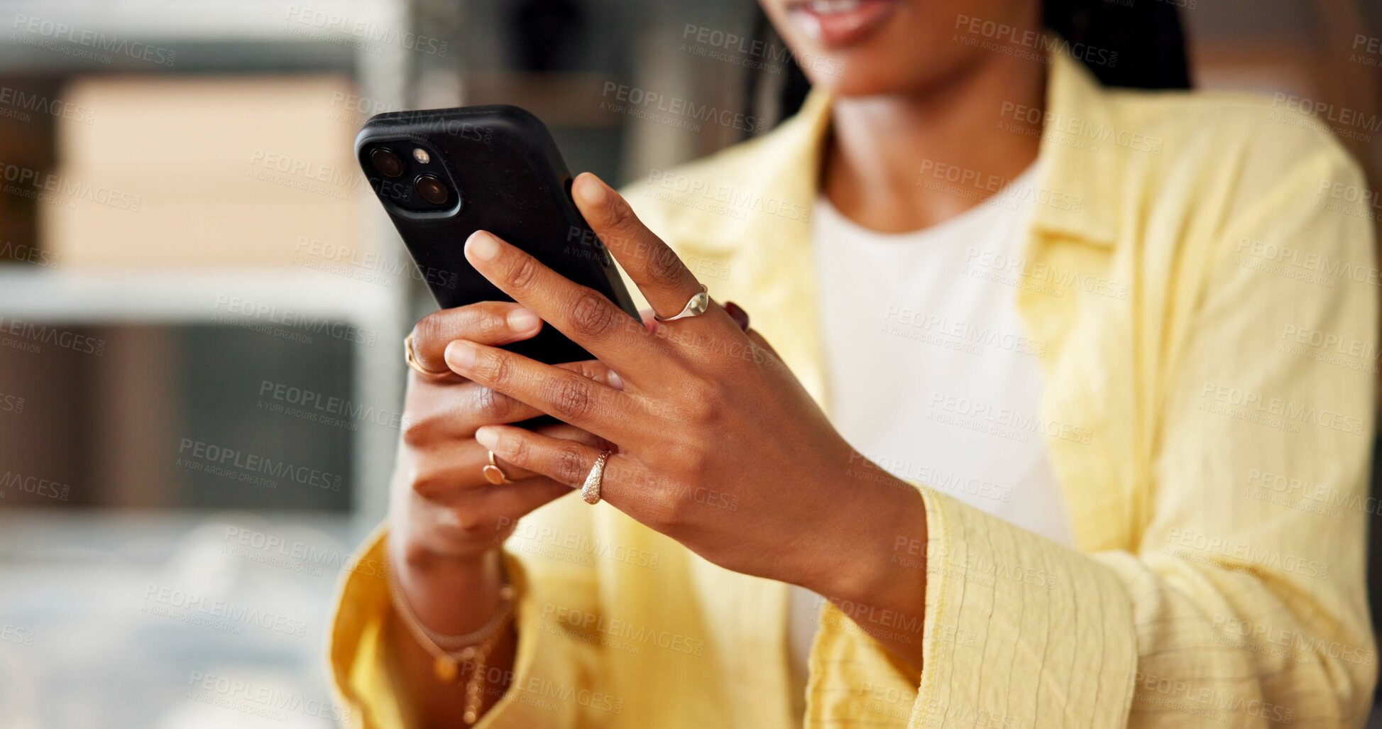 Buy stock photo Hands, logistics and phone with business woman in office, shipping agenda or schedule. Courier app, delivery and order tracking with worker in distribution depot, supply chain management or mobile
