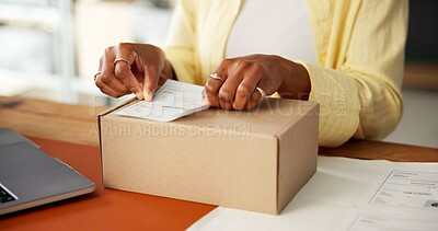 Buy stock photo Box, label and logistics with hands of woman in office for shipping details, priority mail or info. Package sticker, business order or person with distribution for supply chain, delivery or ecommerce