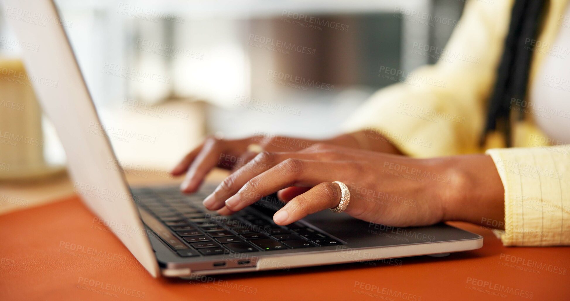 Buy stock photo Hands, business and woman with laptop, typing and ecommerce with website info. Person, startup or entrepreneur in office, computer and internet with email for funding proposal, network and connection