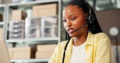 Buy stock photo Headset, laptop and logistics with black woman in office for delivery, distribution or shipping support. Communication, help and supply chain with employee at work for assistance and parcel tracking