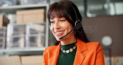 Buy stock photo Headset, business and logistics with woman in office for delivery, distribution or shipping support. Communication, help and supply chain with mature entrepreneur for assistance and parcel tracking
