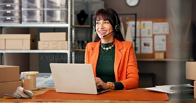 Buy stock photo Headset, laptop and logistics with woman in office for delivery, distribution or shipping support. Communication, help and supply chain with mature entrepreneur for assistance and parcel tracking