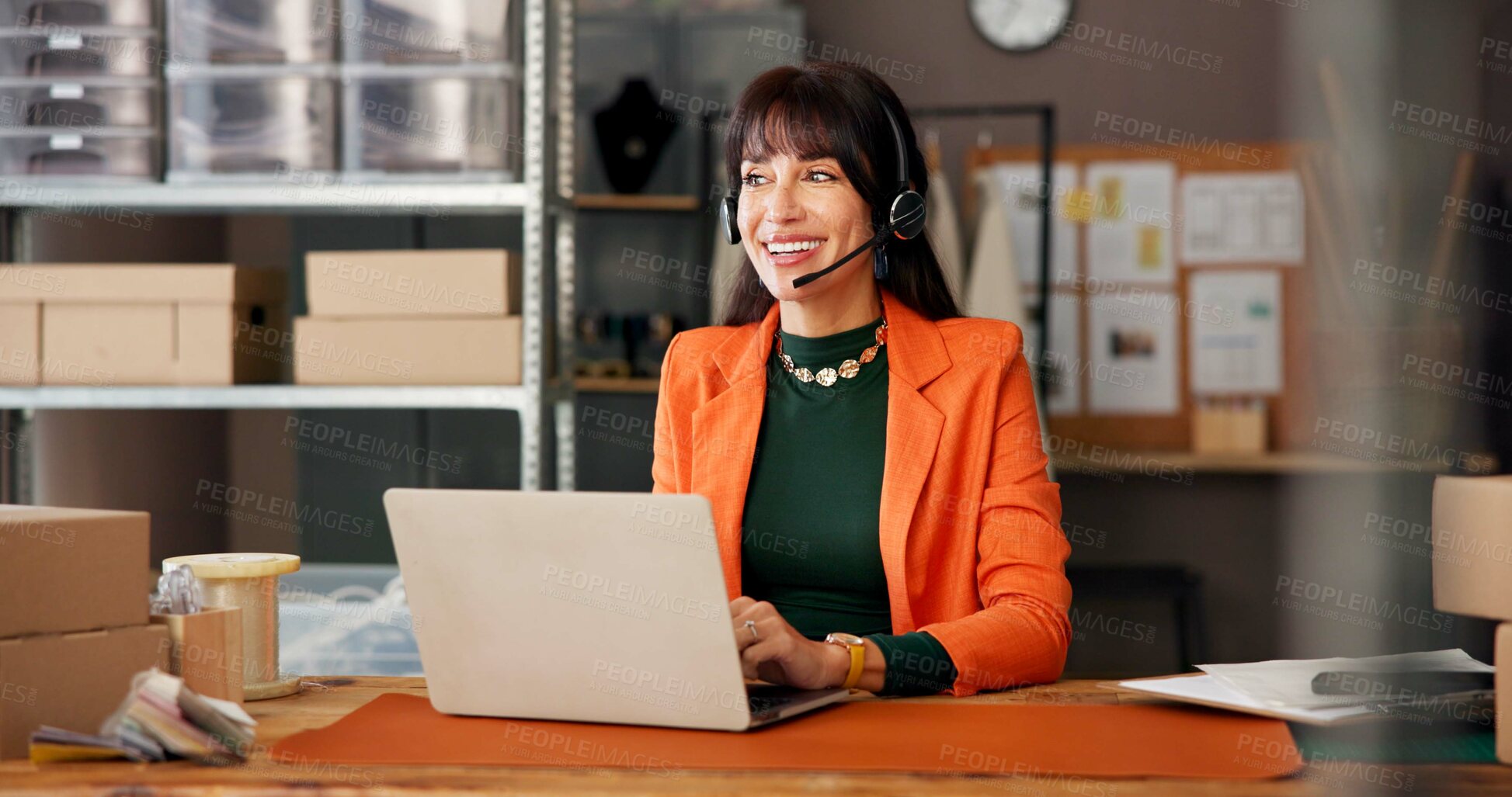 Buy stock photo Headset, laptop and logistics with woman in office for delivery, distribution or shipping support. Communication, help and supply chain with mature entrepreneur for assistance and parcel tracking