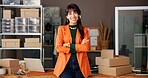 Face, ecommerce and arms crossed with business woman in warehouse for shipping, fashion retail and about us. Designer startup, clothing entrepreneur and supply chain with person in creative factory