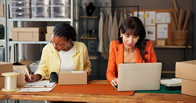 Buy stock photo Team, boxes and women with laptop in office for ecommerce order confirmation. Tracking delivery, inventory and parcel information with people in small business for shipping and supply chain courier