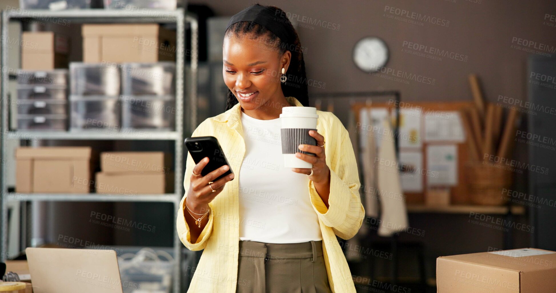 Buy stock photo Coffee, phone and small business with black woman typing message in fashion boutique or startup. Clothing designer, communication and drink with supplier person at work for retail quality control