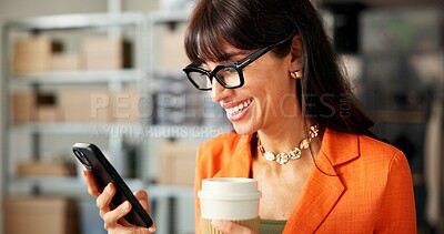 Buy stock photo Coffee, phone and small business with happy woman typing message in fashion boutique or startup. App, clothing designer and drink with mature supplier at work for positive quality control update
