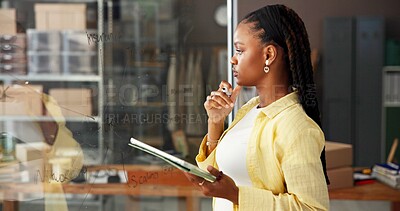 Buy stock photo Tablet, shipping and thinking with black woman and glass for ecommerce order confirmation. Delivery schedule, inventory and vision with person in small business for idea and supply chain solution