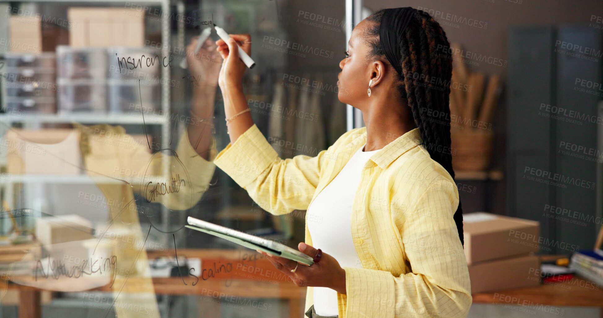 Buy stock photo Tablet, shipping and writing with black woman and glass for ecommerce order confirmation. Delivery schedule, inventory and planning with person in small business for idea and supply chain solution